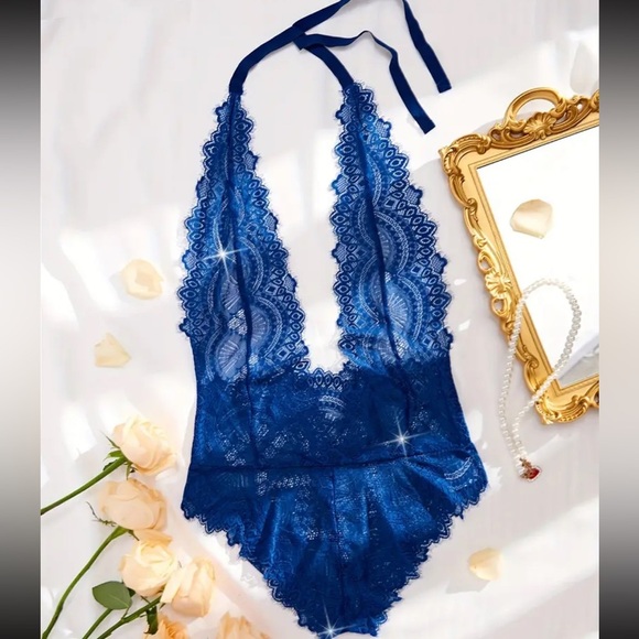 Royal Blue Lacey Deep V Halter Teddy - Picture 2 of 6